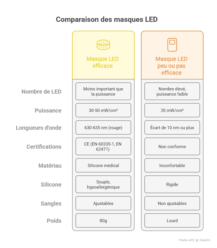 Infographie détaillant les critères à prendre en compte pour choisir un masque LED éfficace
