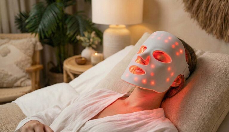 Une femme allongée avec un masque LED blanc sur le visage
