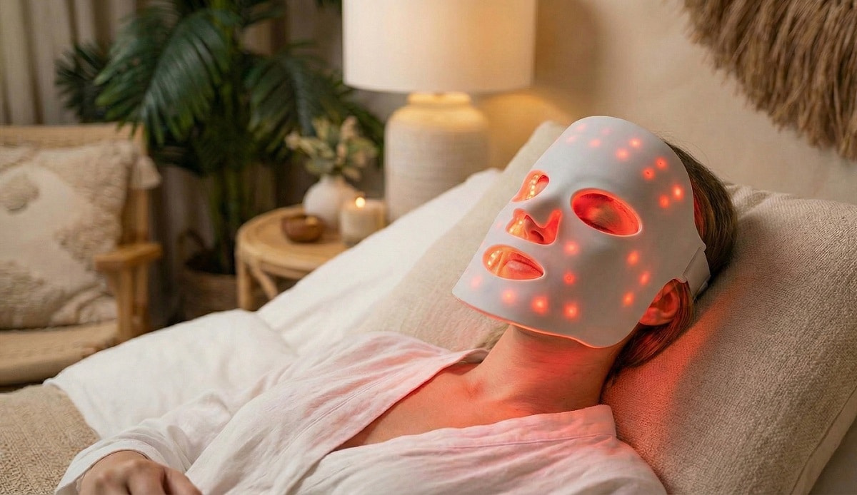 Une femme allongée avec un masque LED blanc sur le visage