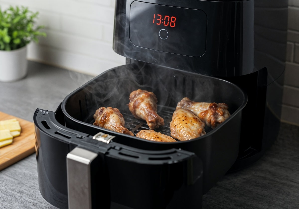 Gros plan sur un Air Fryer noir dont le panier ouvert laisse entrevoir des chicken wings bien dorées.