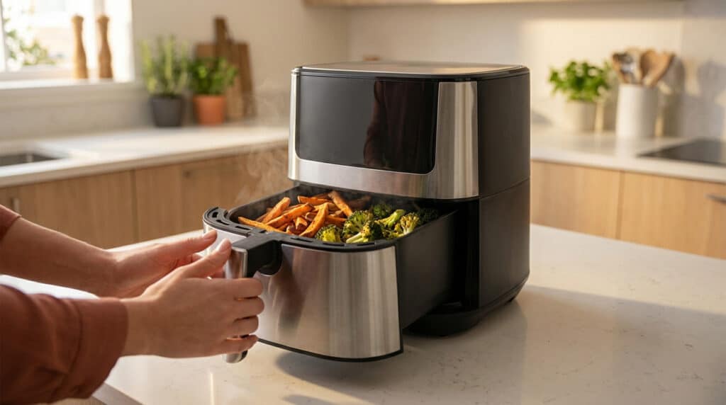 Une femme ouvrant le panier d'un Air Fryer dans lequel a cuit des brocolis et des pommes de terre