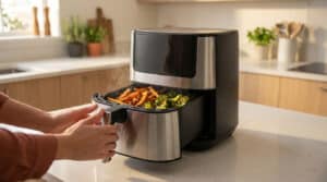 Une femme ouvrant le panier d'un Air Fryer dans lequel a cuit des brocolis et des pommes de terre