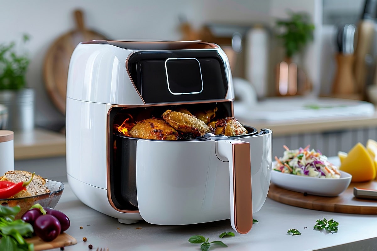 Un Air Fryer blanc sur un plan de travail