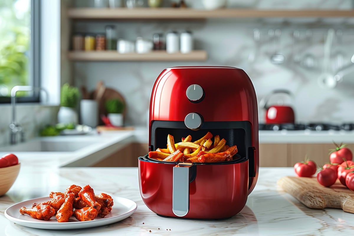 Une cuisine moderne avec un Air Fryer rouge sur le plan de travail