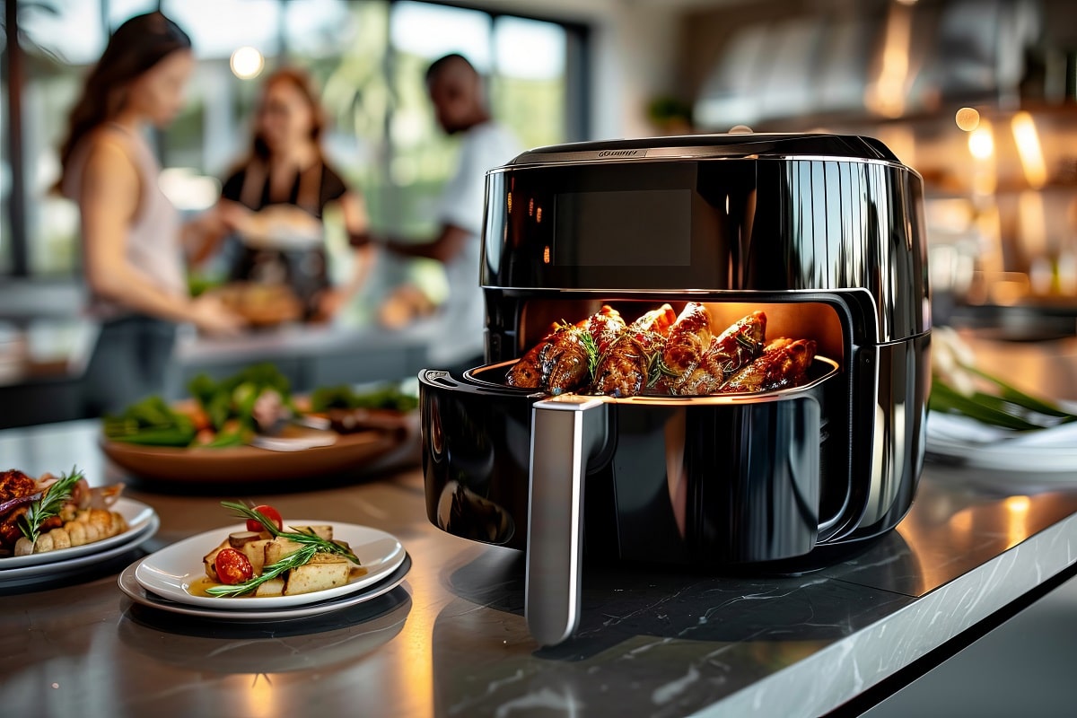 Un Air Fryer dans une cuisine moderne. Le panier est ouvert et laisse entrevoir la viande qui vient d'être rôtie.