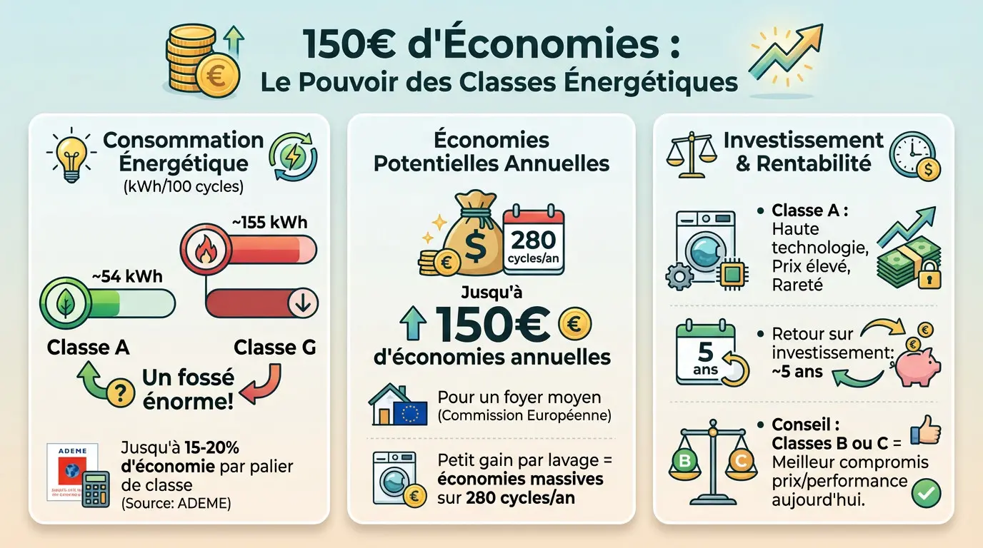 Infographie montrant les économies réalisables en choisissant bien la classe énergétique de son lave-vaisselle