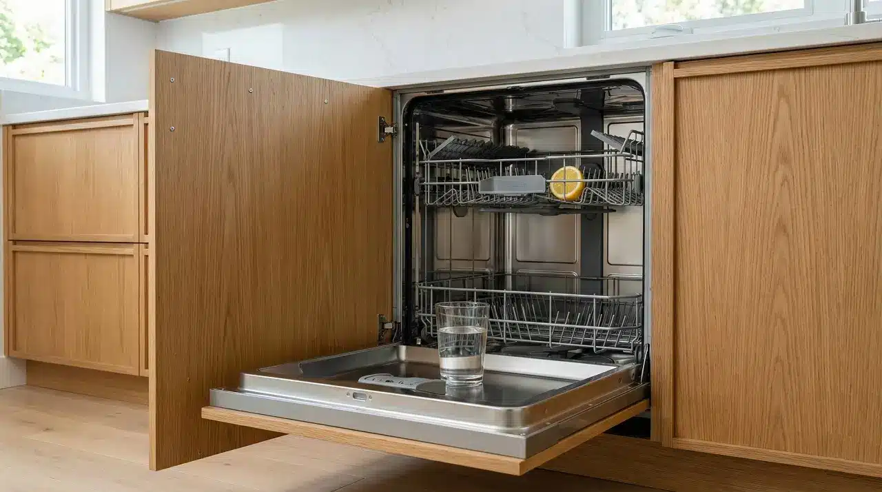 Un lave-vaisselle encastré dans une cuisine moderne en bois dont la porte ouverte laisse voire un demi citron dans le panier du eau et une bouteille de vinaigre blanc pour le détartrage