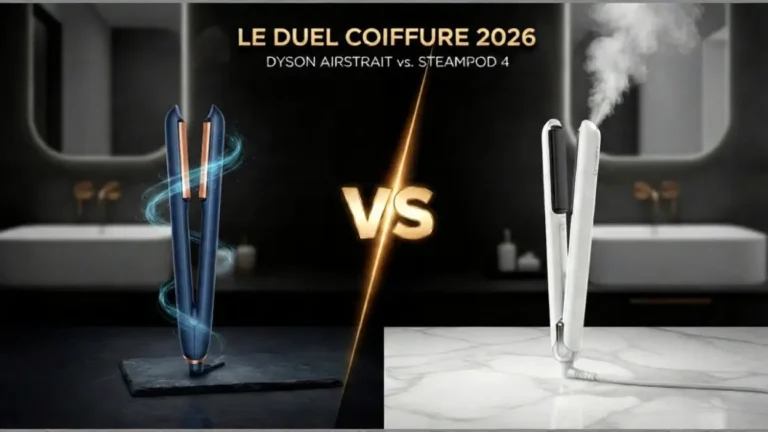 Les lisseurs Dyson Airstrait et L'Oréal Steampod 4 posés l'un en face de l'autre sur un plan de travail en marbre pour une comparatif ultime