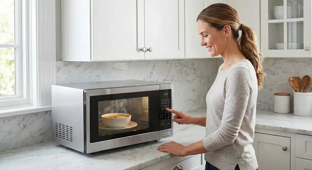 Une femme dans une cuisine moderne faisant réchauffer son bol dans un four à micro-ondes