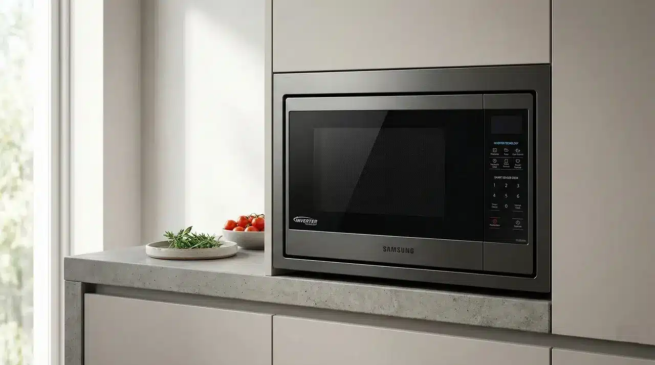 Un four à micro-ondes encastrable dans une cuisine moderne avec des tons beiges