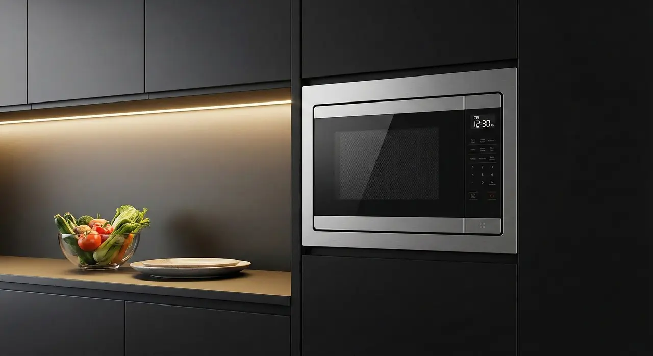 Un four à micro-ondes encastrable dans une cuisine moderne design de couleur noire