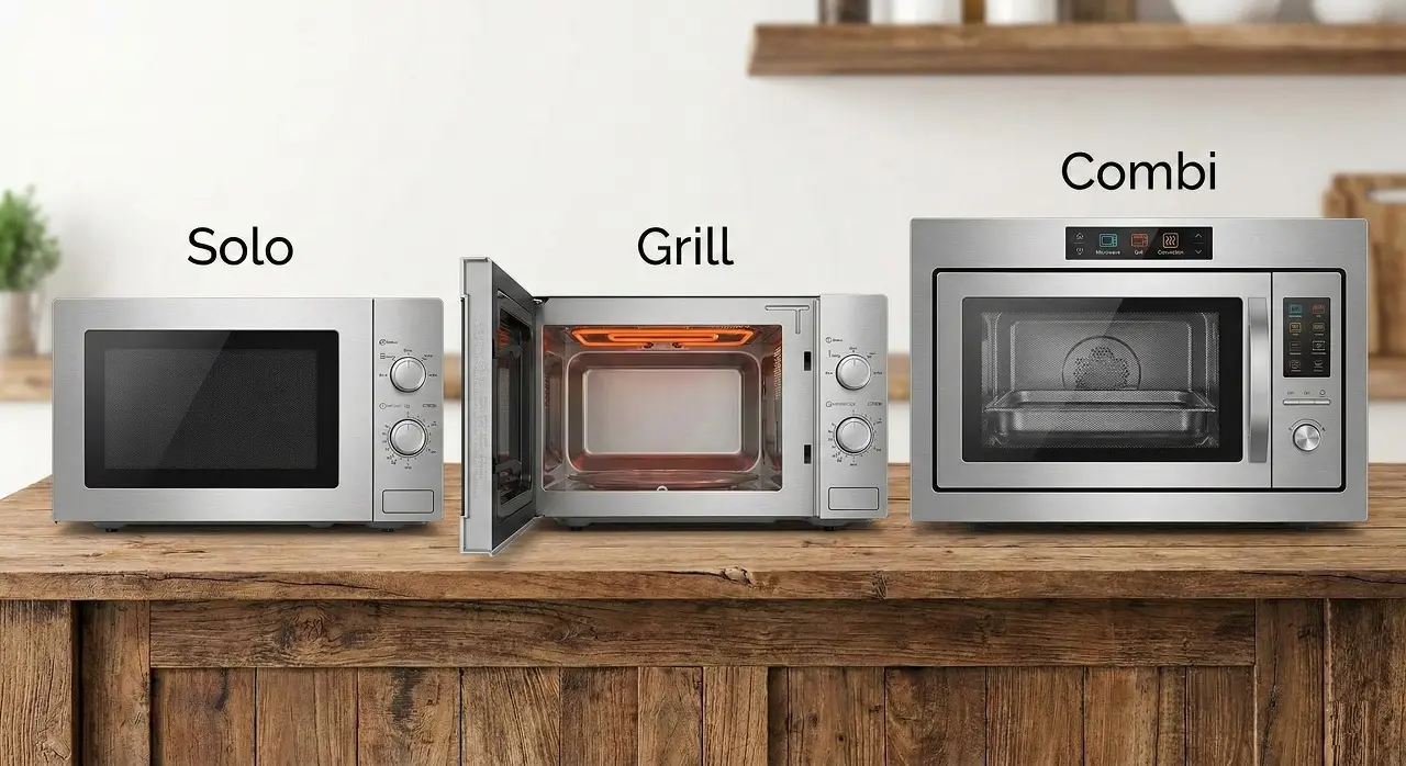 3 fours à micro-ondes (solo, grill et combiné) sur un plan de travail.