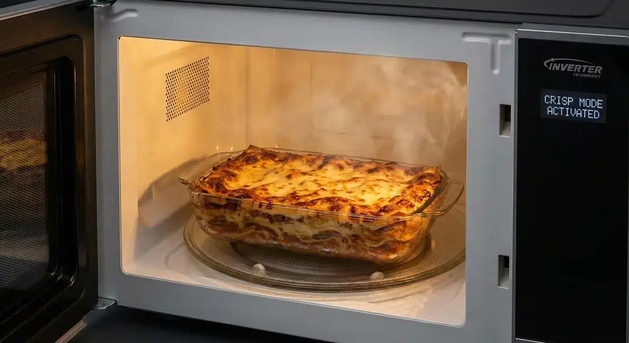 Un four à micro-ondes avec technologie Inverter avec la porte ouverte laissant voir un gratin fumant