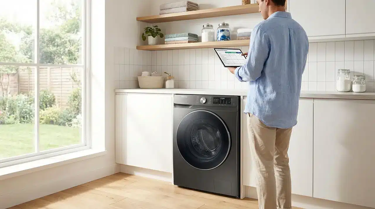 Un homme chic tenant une tablette est debout devant un lave-linge moderne