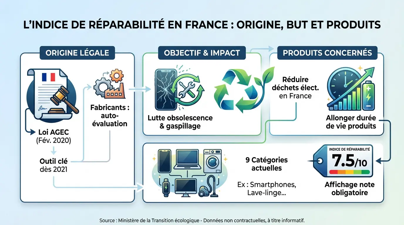 Infographie sur l'indice de réparabilité en France : Origine, but et produits concernés