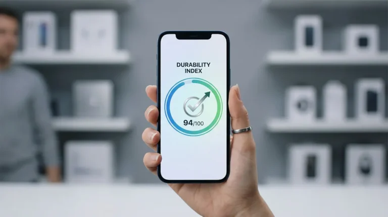 Gros plan sur une main tenant un mobile dont l'écran affiche un indice de durabilité de 94%