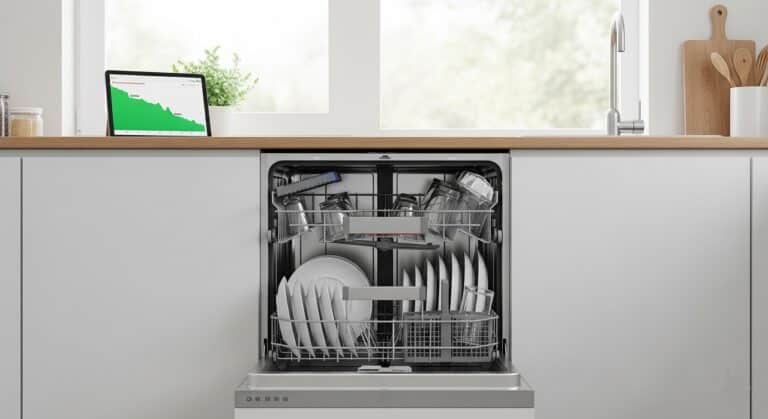 Lave-vaisselle moderne ouvert rempli de vaisselle propre avec un graphique de baisse de consommation d'énergie sur une tablette.
