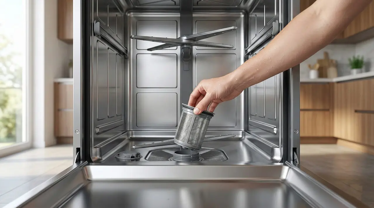 Gros plan sur l'avant bras d'une personne qui retire le filtre d'un lave-vaisselle pour le nettoyer
