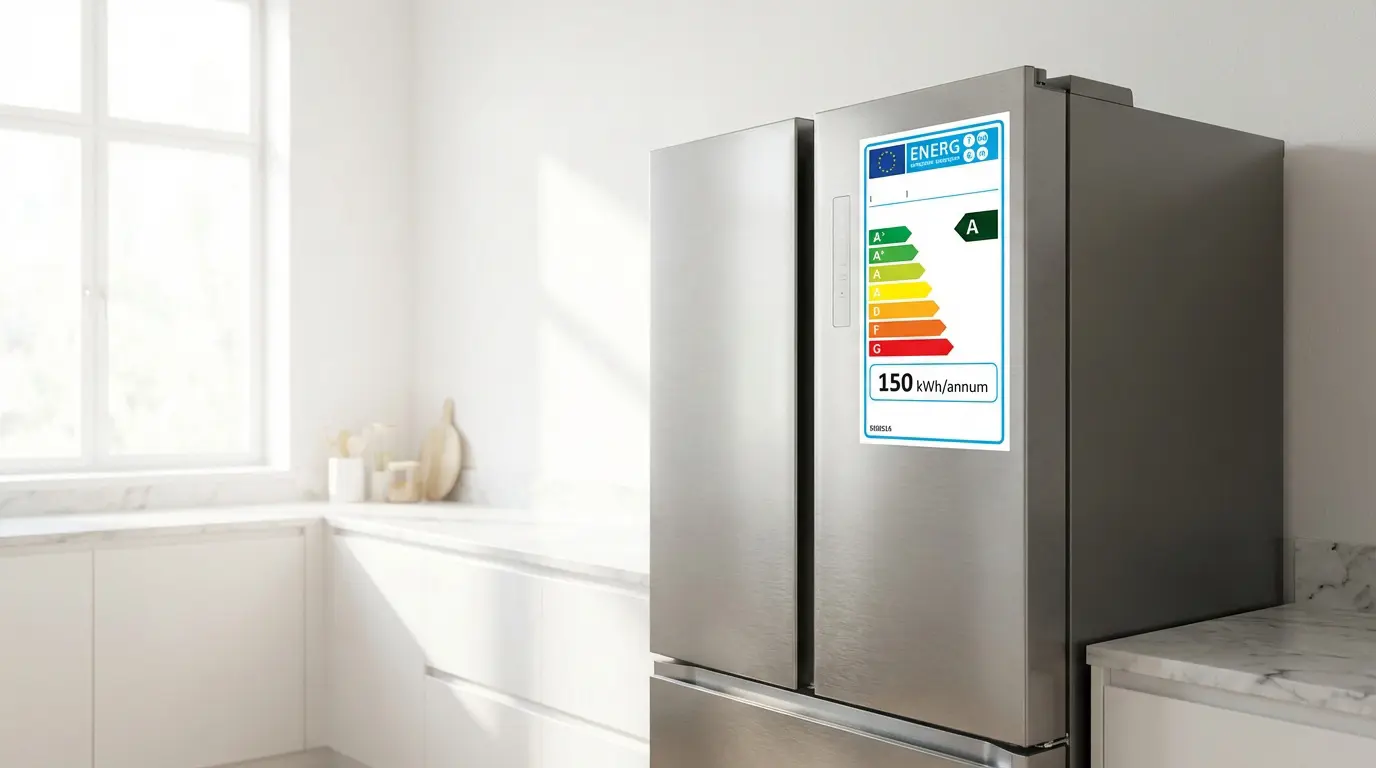 Un réfrigérateur moderne avec une étiquette énergie allant de A à G collée dessus