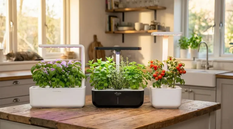 3 potagers connectés posés sur le plan de travail en bois d'une cuisine