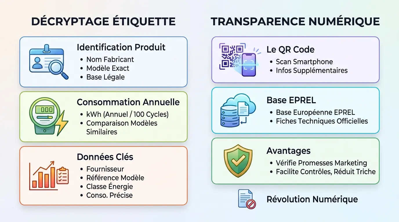 Infographie qui décrypte le contenu de l'étiquette énergie. Base EPREL.