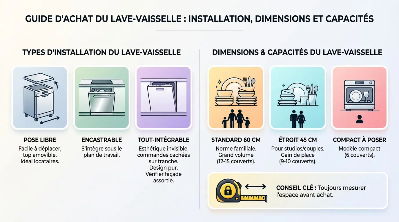 Infographie comparant les différents types d'installation d'un lave vaisselle et les différentes tailles