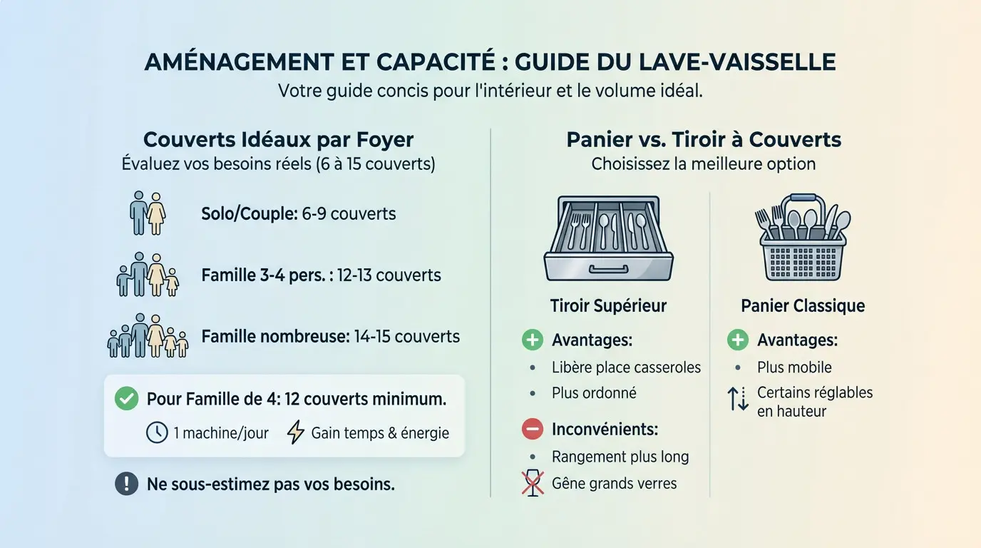 Infographie détaillant les capacités d'un lave vaisselle en fonction de la taille du foyer et les aménagements intérieurs (Panier à couverts vs grille à couverts)