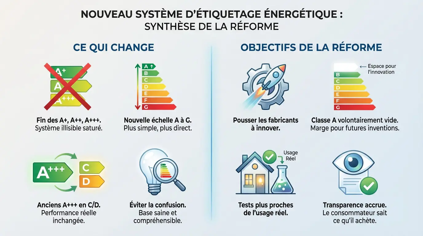 Infographie décryptant les changements entre l'ancienne et la nouvelle étiquette énergie et les raisons de cette réforme.