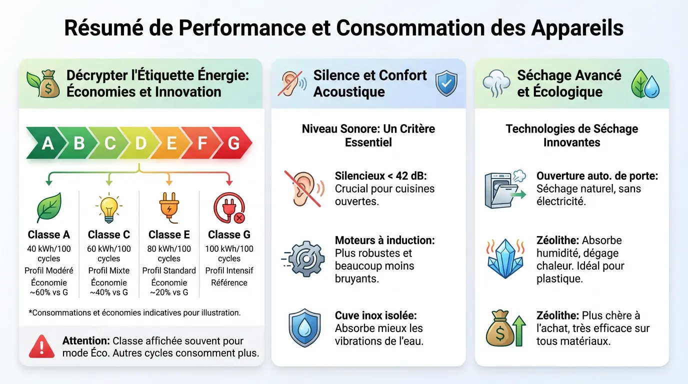 Infographie résumant les performances énergétiques des lave-vaisselle.