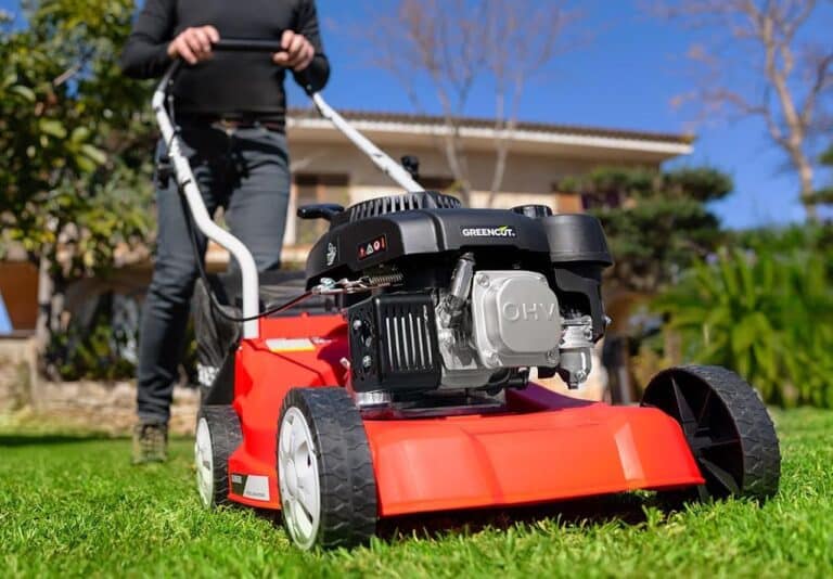 Zoom sur une tondeuse à gazon de la marque Greencut.