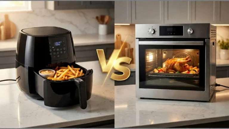 Une image divisée en 2 verticalement. Dans la partie gauche un Air Fryer et dans la partie droite un four traditionnel.