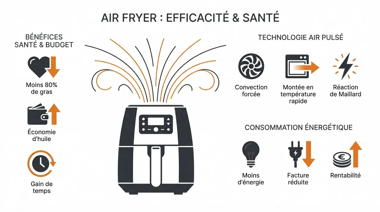 Infographie illustrant l'efficacité d'un Air Fryer et ses bienfaits sur la santé