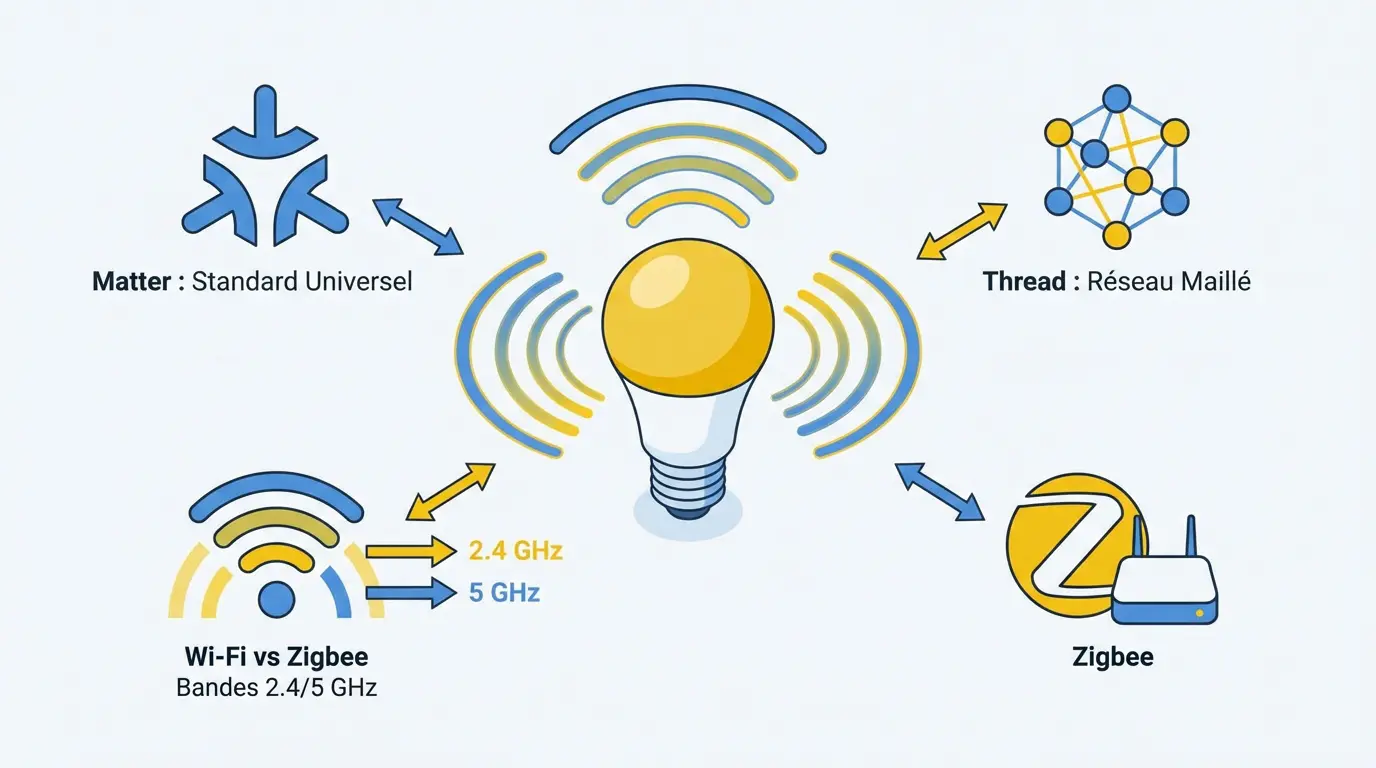 Infographie expliquant les différents protocoles réseau d'une ampoule connecté