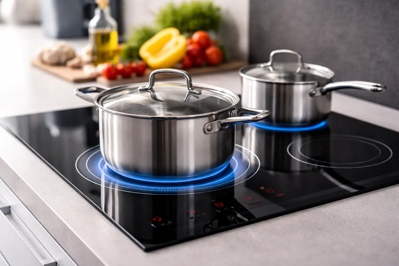 2 casseroles reposant sur une plaque à induction