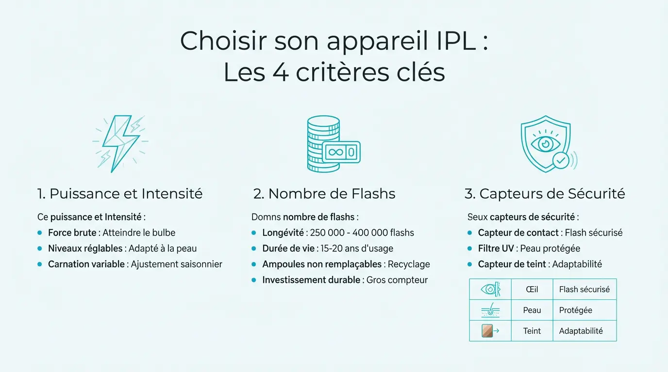 Infographie illustrant les 4 critères essentiels dans le choix d'un épilateur à lumière pulsée IPL