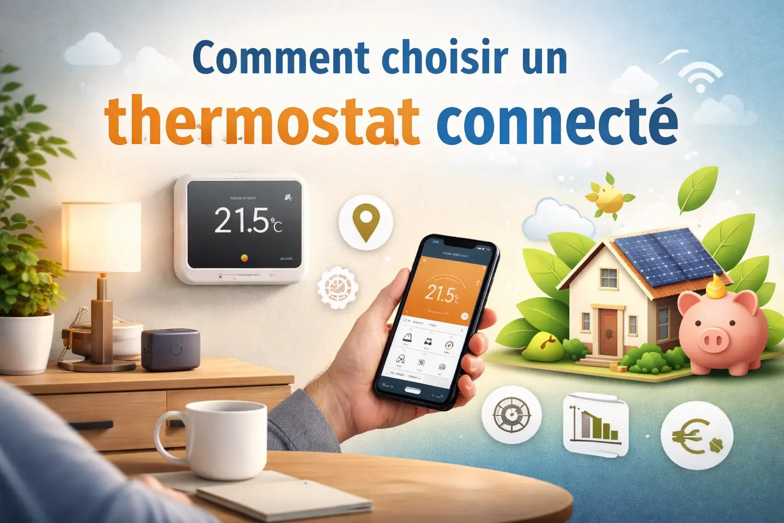 Une personne dans son fauteuil boit son café avec son mobile à la main. Grace à son mobile il règle la température de la pièce avec son thermostat connecté