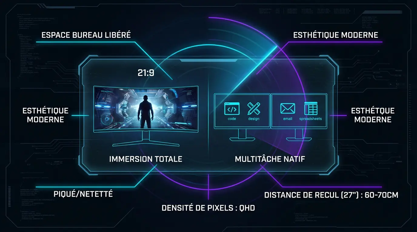 Infographie comparant le choix d'un double écran ou d'un écran a format 21:9