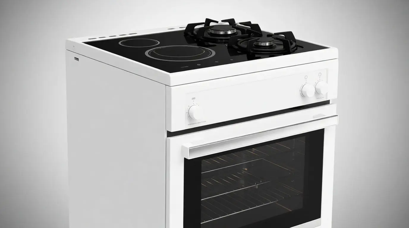 Une cuisinière blanche mixte gaz et induction