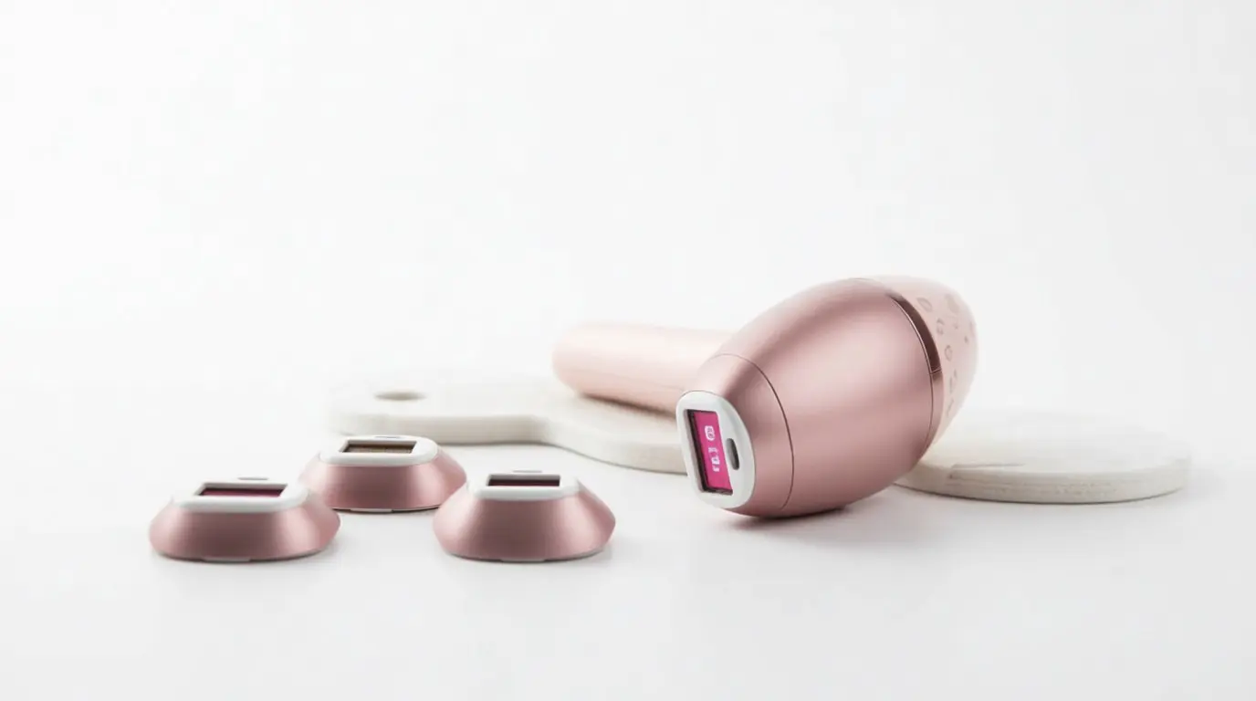 Un épilateur à lumière pulsée rose avec ses accessoires