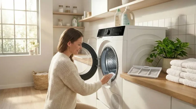 Une femme nettoyant le joint du hublot de son sèche linge