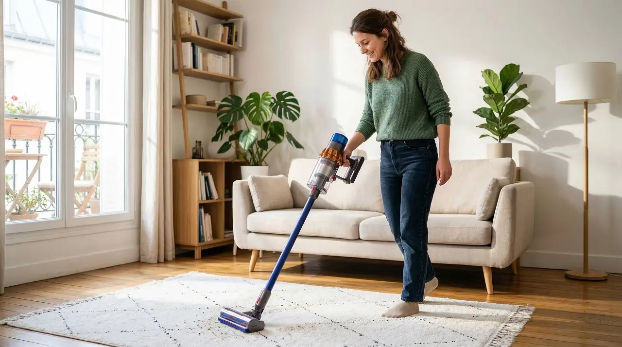 Une femme utilise un aspirateur balai moderne et sans fil pour un nettoyage rapide du salon.