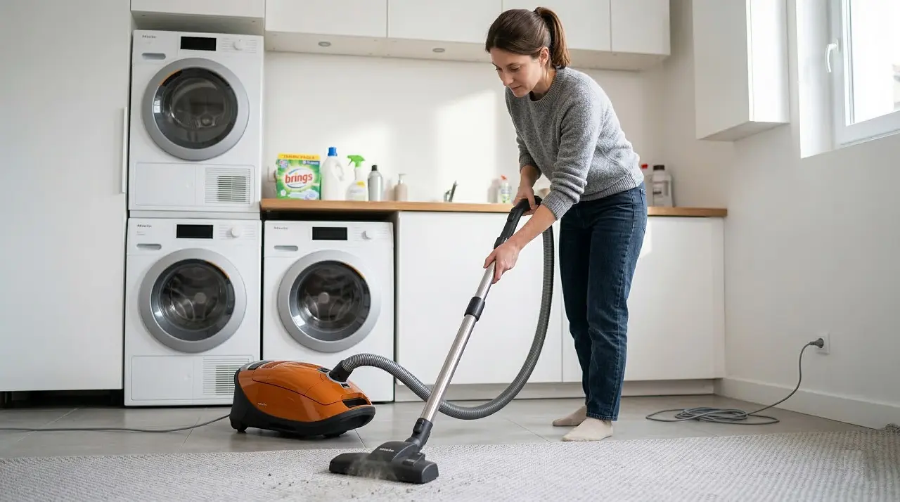 Une femme utilise un aspirateur traineau compact et puissant avec fil pour un nettoyage intensif de la moquette dans une buanderie.