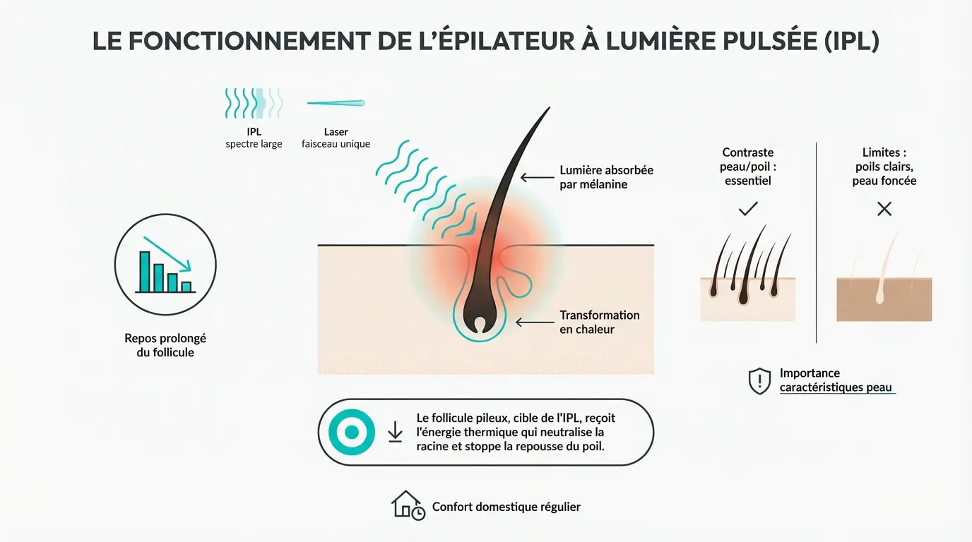 Infographie illustrant le fonctionnement d'un épilateur à lumière pulsé IPL
