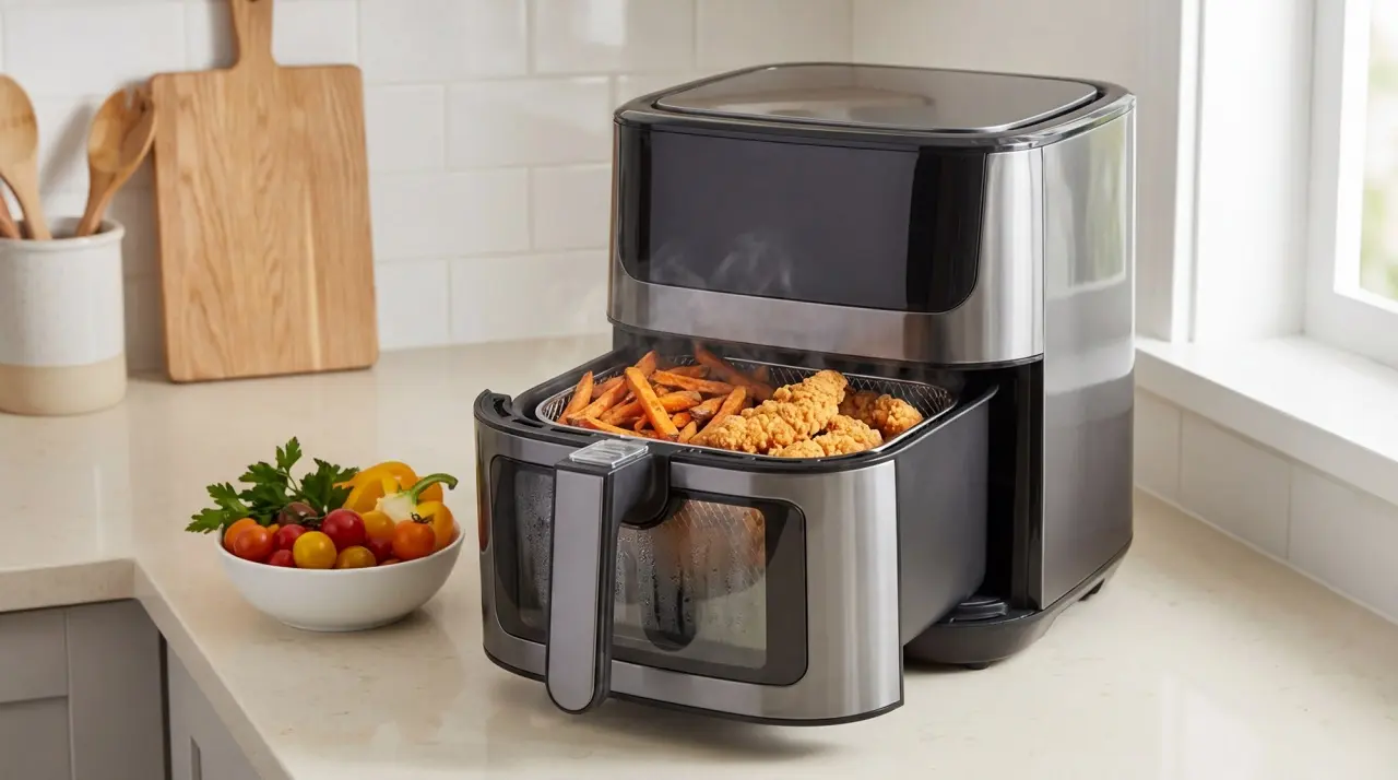 Une friteuse sans huile/ Air Fryer dans une cuisien moderne avec le tiroir ouvert montrant des frites croustillantes et des tenders de poulet.