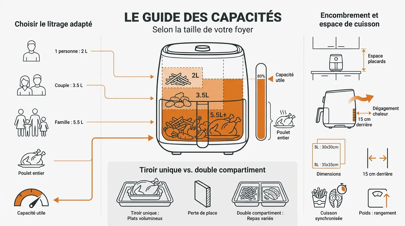 Infographie illustrant les différentes capacités pour un Air Fryer en fonction de la taille du foyer