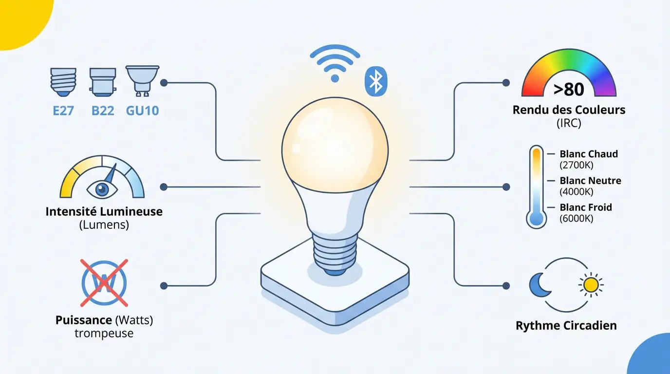 Infographie détaillant les critères pour choisir une ampoule connectée