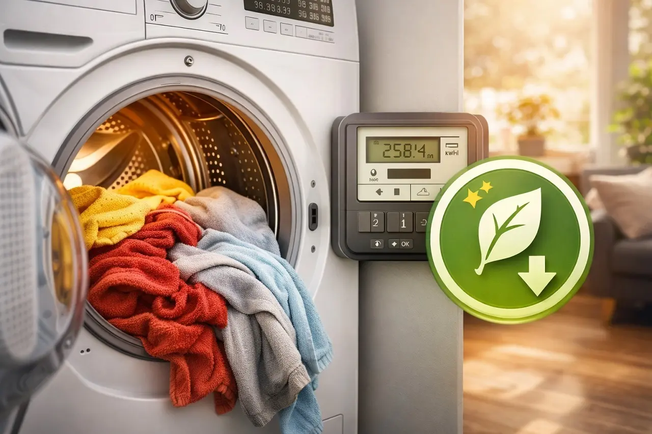 Un sèche linge avec le hublot ouvert avec du linge qui sort de la machine. Un compteur évoque la réduction de la facture d'électricité.