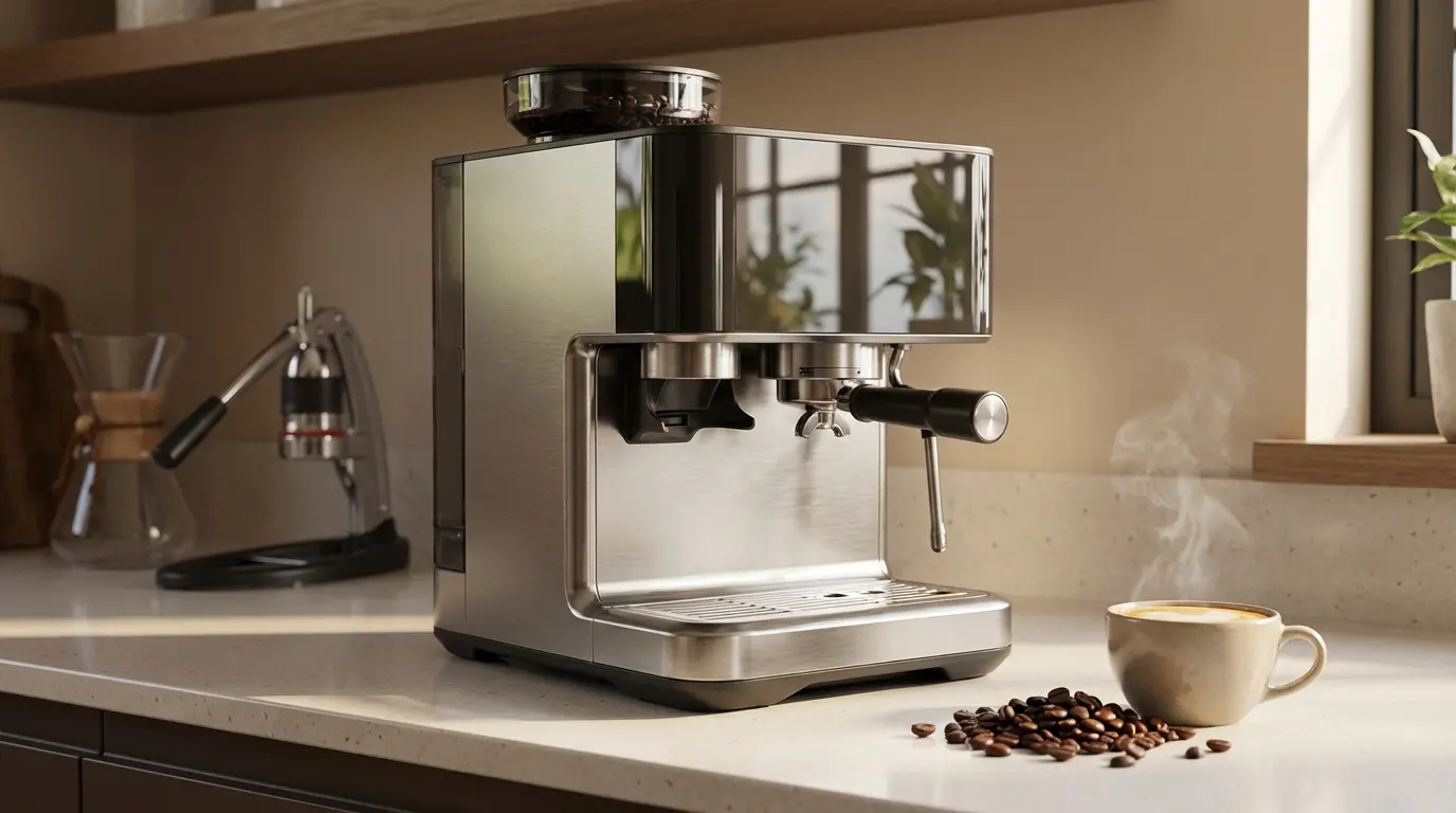 Une machine espresso broyeur sur un plan de travail avec devant une tasse de café fumant