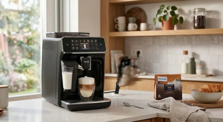 LA machine à Expresso broyeur Philips Série 3300 avec son système Lattego posé sur le plan de travail d'une cuisine