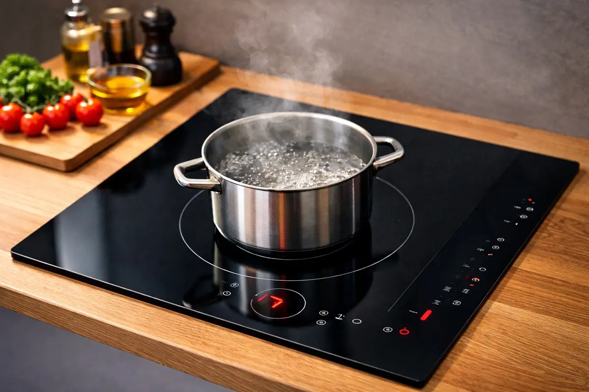 Une plaque à induction incrusté dans un plan de travail en bois. Sur la plaque à induction une casserole dans laquelle de l'eau est en train de bouillir.